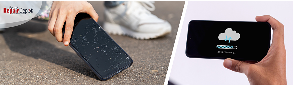 Split image of
    a broken screen phone and data recovery screen