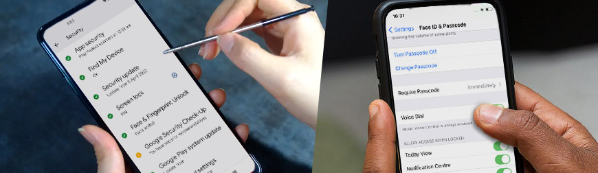 Android phone security settings and iPhone Face ID and Passcode settings