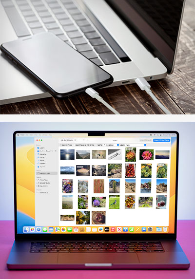 iPhone connected to Macbook and Photos app open on Macbook