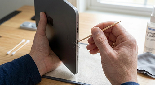 Person cleaning iPad charging port