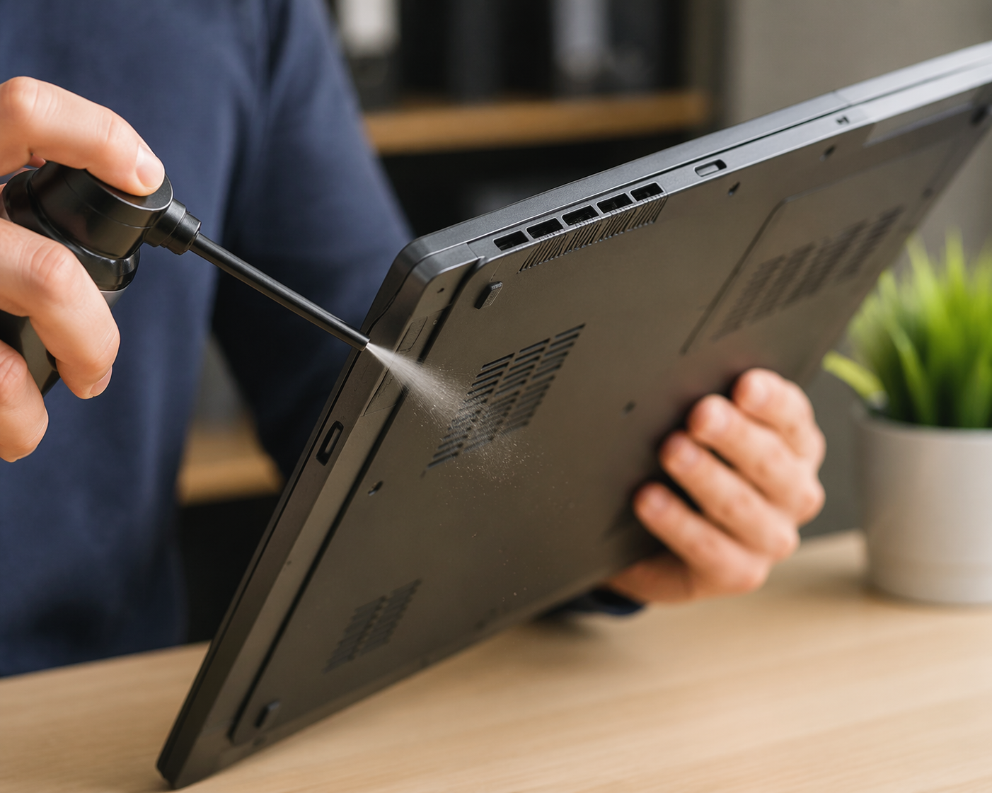 Person cleaning laptop