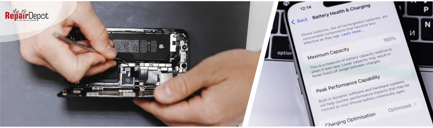 Split image of
    technicial repairing Iphone battery and Iphone battery life screen
