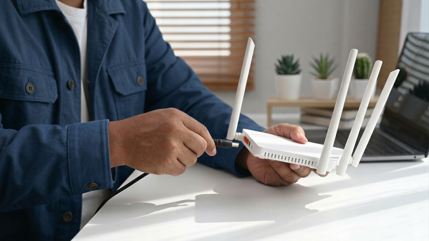 Hand unplugging a Wi-Fi router